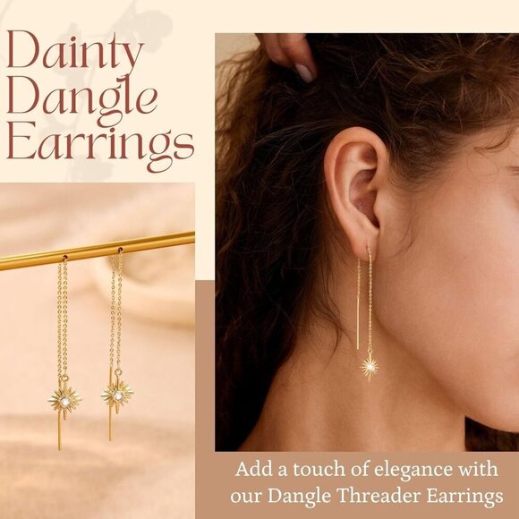 Gold Threader Earrings Women 14K Dangle Long Chain Drop Jewelry Gift - Picture 3 of 8